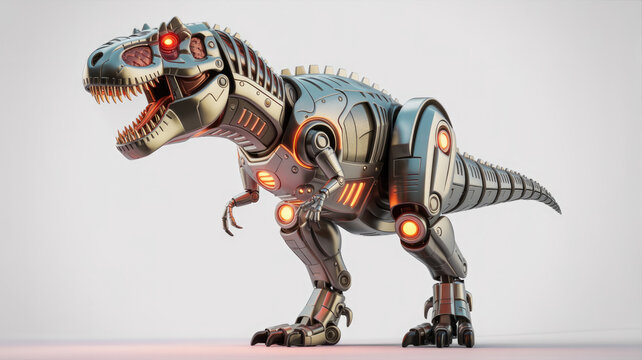Robotic t rex stands ready with glowing orange lights