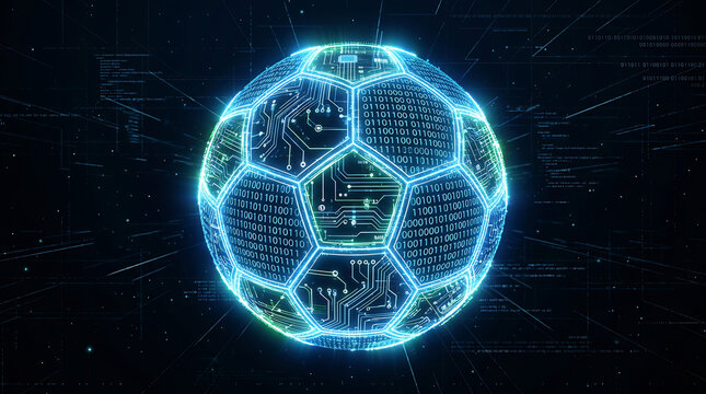 Futuristic Digital Soccer Ball with Circuitry Patterns on a Dark Background