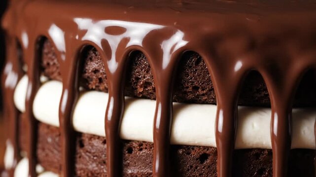 Macro close-up of a layered chocolate sponge cake with white cream filling as thick melted chocolate ganache drips slowly down the side, showing detailed cake texture and glaze.