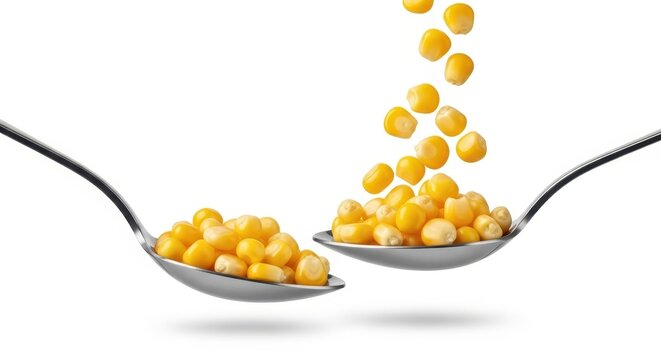 Golden corn kernels being served on spoons, a fresh harvest ready for culinary use