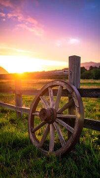 A serene rural landscape at sunset with a rustic fence