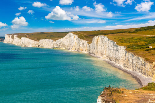 White Chalk Cliffs of Seven Sisters in South Downs National Park, England, UK