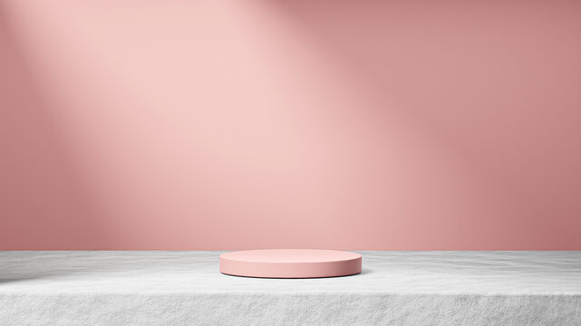 isolated dusty rose podium on cement with sunbeams light on the background, dusty rose background, product replacement