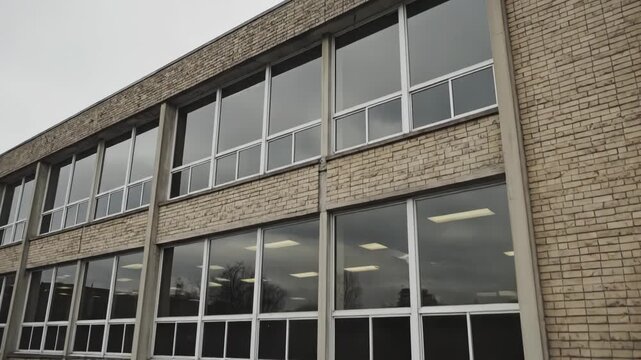 Exterior view of a modern institutional building with brick facade and large windows