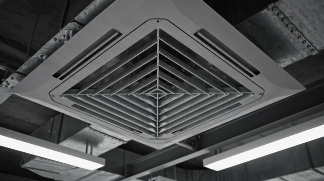 Modern industrial ceiling with square air conditioning vent and linear led lighting fixtures