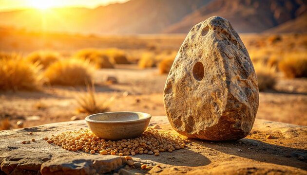 An ancient primitive grinding stone with a small ceramic bowl and scattered grains, set against a vast golden desert landscape under the warm glow of morning sun.