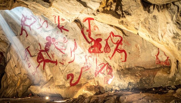 Ancient cave wall art rendered in vibrant red ochre, depicting prehistoric figures and symbols