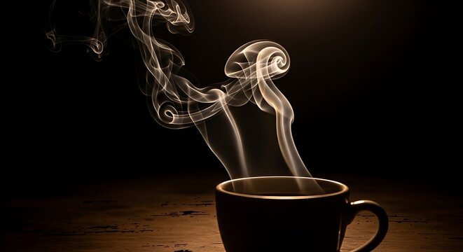 Steaming Hot Cup of Freshly Brewed Coffee on Wooden Table
