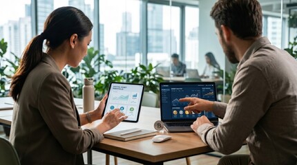Fototapeta premium Colleagues discussing cryptocurrency assets on tablet and laptop in modern office