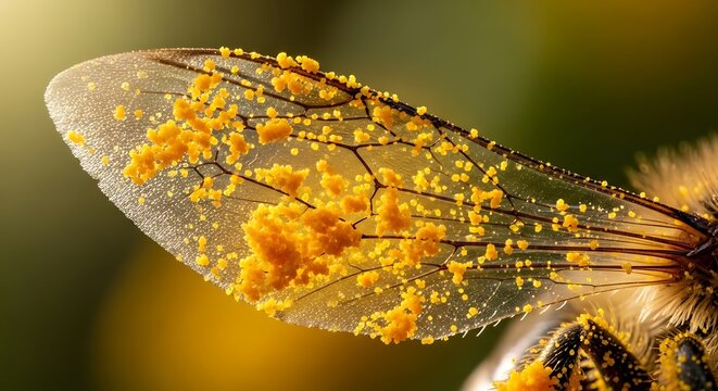 Macro Photography of Honey Bee Wing Covered in Yellow Pollen