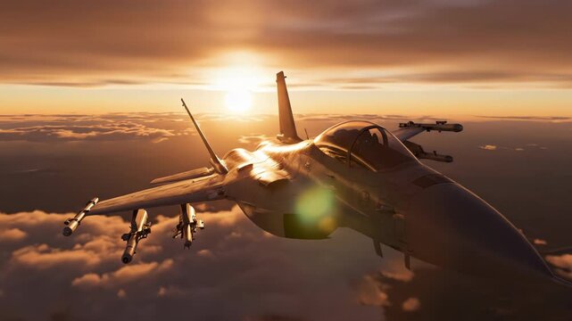 Modern fighter jet flying in the sky during a golden sunset