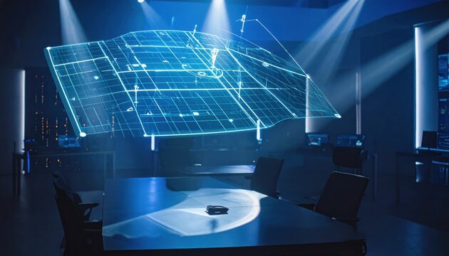 A vivid holographic battlefield projection with glowing blue grid lines illuminates a dark futuristic command room, showcasing strategic data and advanced technology.