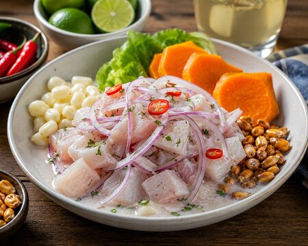 Traditional Peruvian Ceviche with Red Onion, Sweet Potato and Cancha Corn

