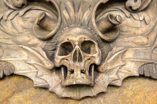 Skull Carving Detail inside Durham Cathedral in Durham, County Durham, England, UK