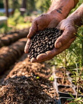 Closeup medium shot focusing on biochar pellets being carefully added to a reforestation trench by two hands with blurred compost windrows and native seedlings in the background