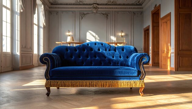Luxurious plush sapphire blue velvet fainting couch with gold tassels in a grand interior