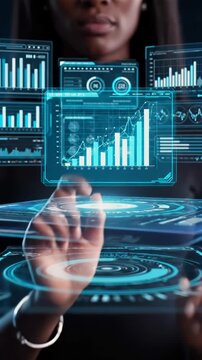 businesswoman interacting with holographic data interface, charts and analytics panels floating around, modern business intelligence and data visualization concept, futuristic digital technology