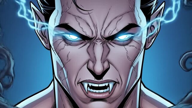 Intense close-up of a vampire with glowing eyes and electrical energy, comic-style art