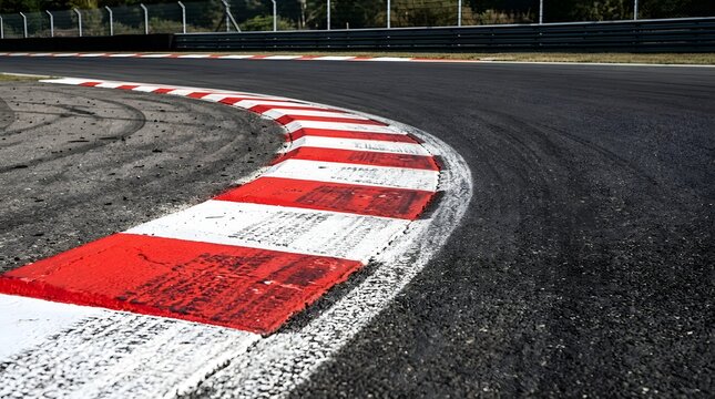 Sharp asphalt curve on a professional motor racing circuit featuring distinctive red and white painted rumble strips under bright natural daylight during a summer afternoon session