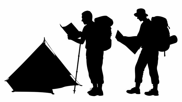 Silhouettes of two hikers with backpacks looking at a map near a tent