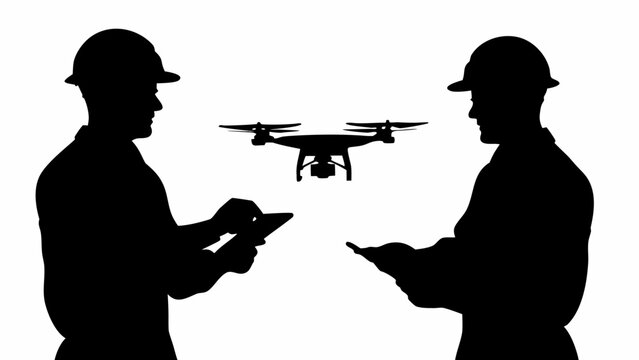 Silhouette of two construction workers wearing hard hats using a tablet to control a drone