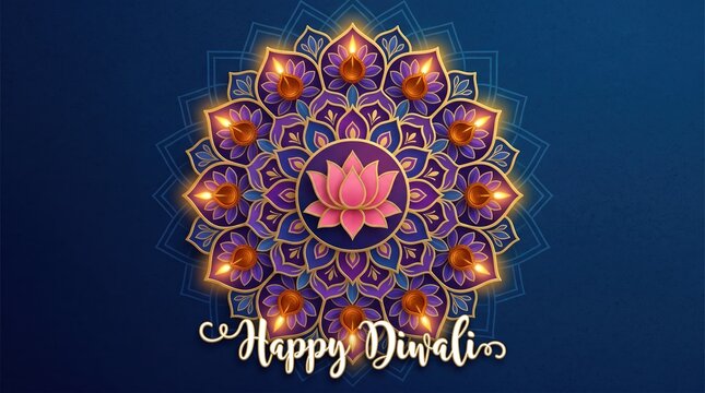 Glowing diya lamps arranged in a circular mandala pattern with a central pink lotus flower on a dark blue background featuring the text happy diwali in white cursive script