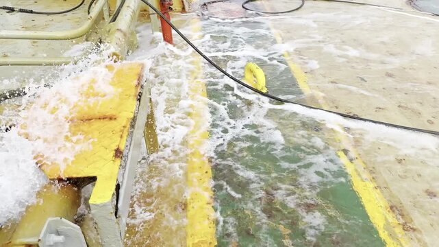 sea water from fire hydrant leaking on ship deck.
