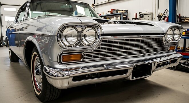 Restored Silver Classic American Muscle Car in Professional Auto Repair Shop