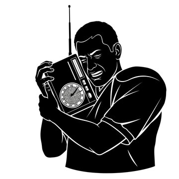 A stressed man desperately holding onto an old radio receiver with an antenna, his face contorted in distress while listening intently