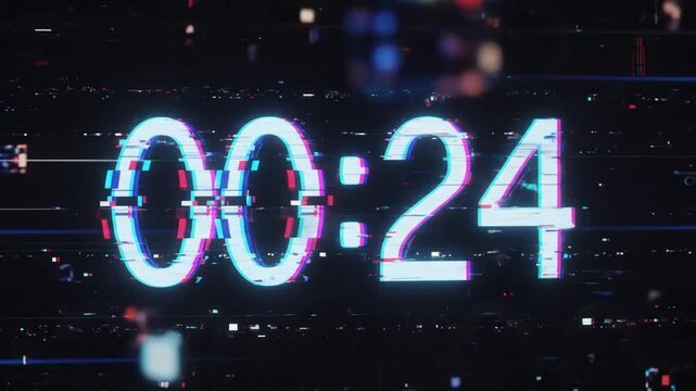 Digital countdown timer displaying 00:24 with glitchy, futuristic aesthetic and bokeh background.