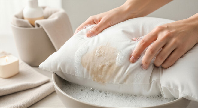 Closeup of hands washing a white pillow with a large yellow stain in a bowl of soapy water, home cleaning and laundry concept
