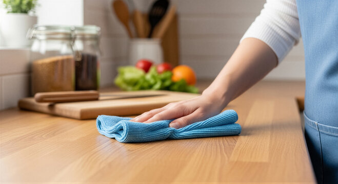 Closeup of a persons hand cleaning a wooden kitchen countertop with a blue microfiber cloth, with blurred kitchen background