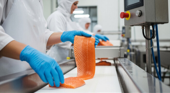 Workers in protective gear processing fresh salmon fillets on a conveyor belt in a modern food production facility