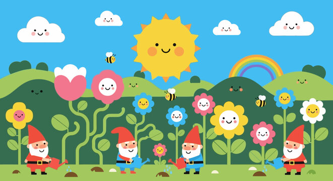 Cute cartoon gnomes tending to a vibrant flower garden under a smiling sun and rainbow, evoking a sense of whimsy and nature's joy in a delightful illustration