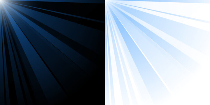 Abstract Split Screen Background with Dark Radiating Beams and Bright Blue Sky Cityscape Silhouettes for Modern Design