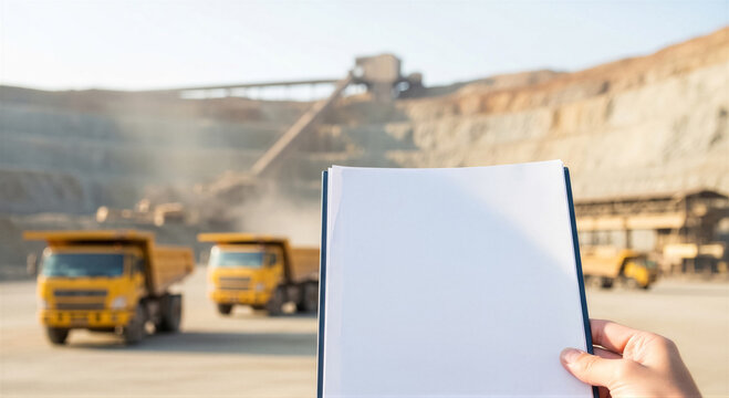 A person holding a clipboard with a blank white paper in front of a large openpit mine with heavy mining trucks and industrial equipment