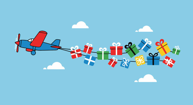 An illustration of a red airplane pulling a string of colorful gift boxes through a bright blue sky with scattered clouds