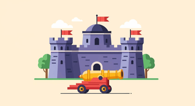 Flat vector illustration of a medieval stone fortress with defensive towers and red flags, featuring a large golden cannon on a red carriage in the foreground with trees and clouds.