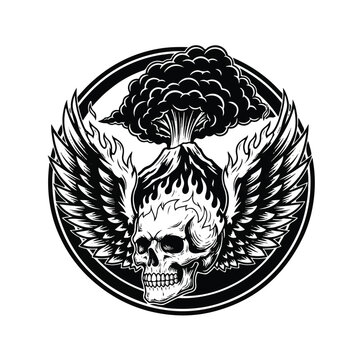 Skull with wings and fire explosion.