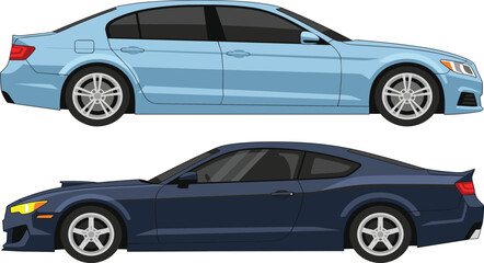 Fototapeta premium Modern Sedan and Sports Car Side View Vector Set in Blue Tones for Automotive, Transport, and Vehicle Design Projects