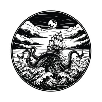 Tentacled sea monster attacking ship.