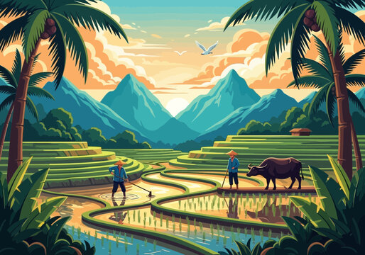 Farmers working in lush green rice terraces at sunset with mountains and buffalo