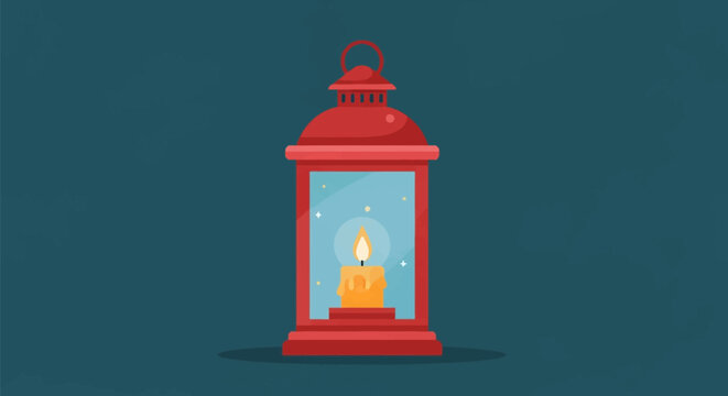Red vintage metal lantern with a burning candle flame and melting wax inside a glass window with sparkles, isolated on a dark teal background flat vector illustration.