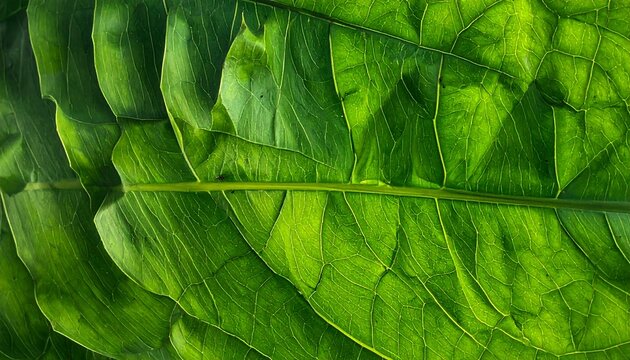 Close-up on a large, green leaf, showing intricate vein patterns highlighted by sunlight