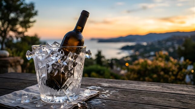 Chilled white wine bottle in an ice bucket at sunset overlooking sea