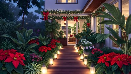 Obraz premium Subject: A cozy and festive outdoor holiday setting featuring a wooden pathway illuminated with soft ground lights, surrounded by vibrant poinsettias and lush greenery, leading toward a house adorned 