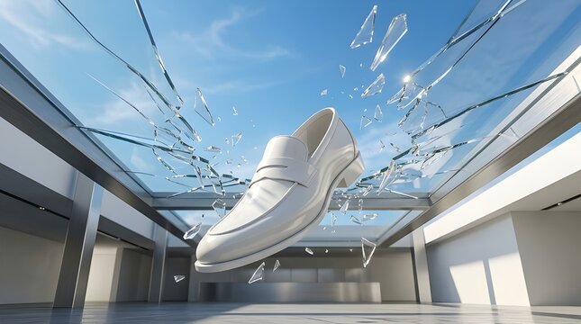 White leather loafer shoe smashing through a glass ceiling against a blue sky, concept of breaking barriers, professional success, and overcoming corporate limitations