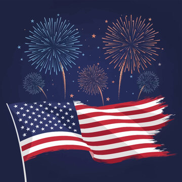 Vector illustration of the United States flag with a brush-stroke edge waving below stylized blue and red fireworks bursts against a dark navy blue background with small stars.