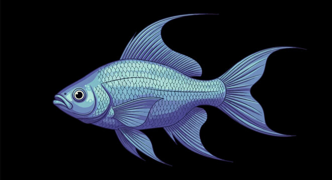 Stylized vector illustration of a tropical blue fish with detailed iridescent scales, long pointed dorsal and anal fins, and a split caudal tail, isolated on a solid black background.
