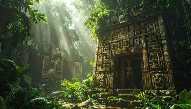 Ancient Mayan Temple Ruins in Lush Jungle Overgrown with Moss and Sunlight Rays